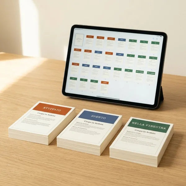Le 60 carte stampate in tre mazzetti, uno per stato, e il PDF sul tablet