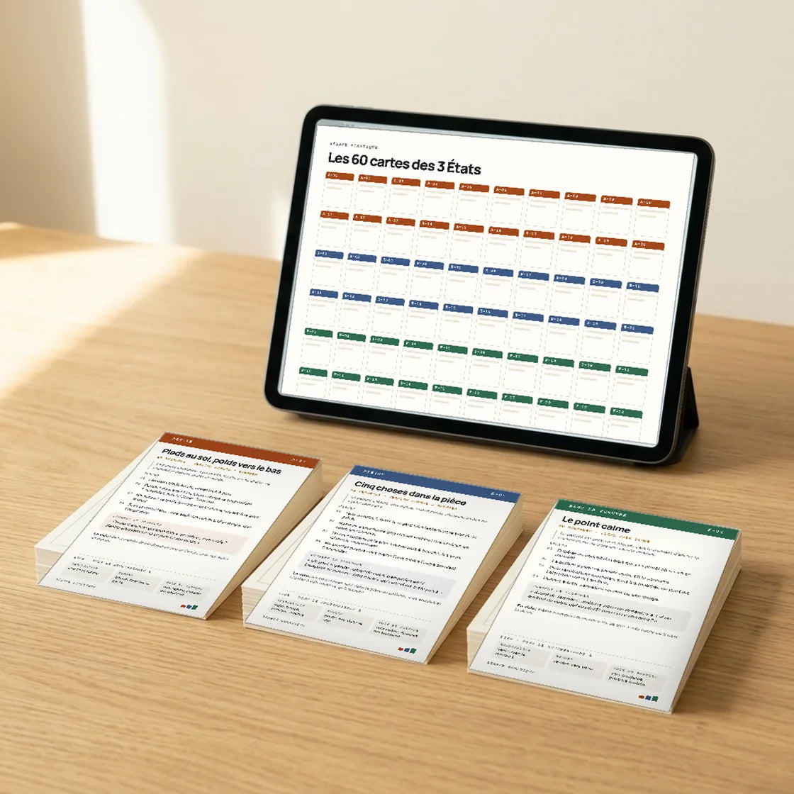Les 60 cartes en trois piles par état, et l’index sur la tablette