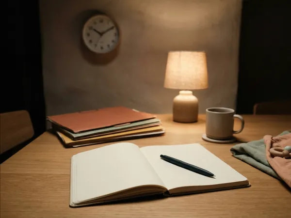 Quaderno aperto e lampada accesa: il diario si scrive di sera