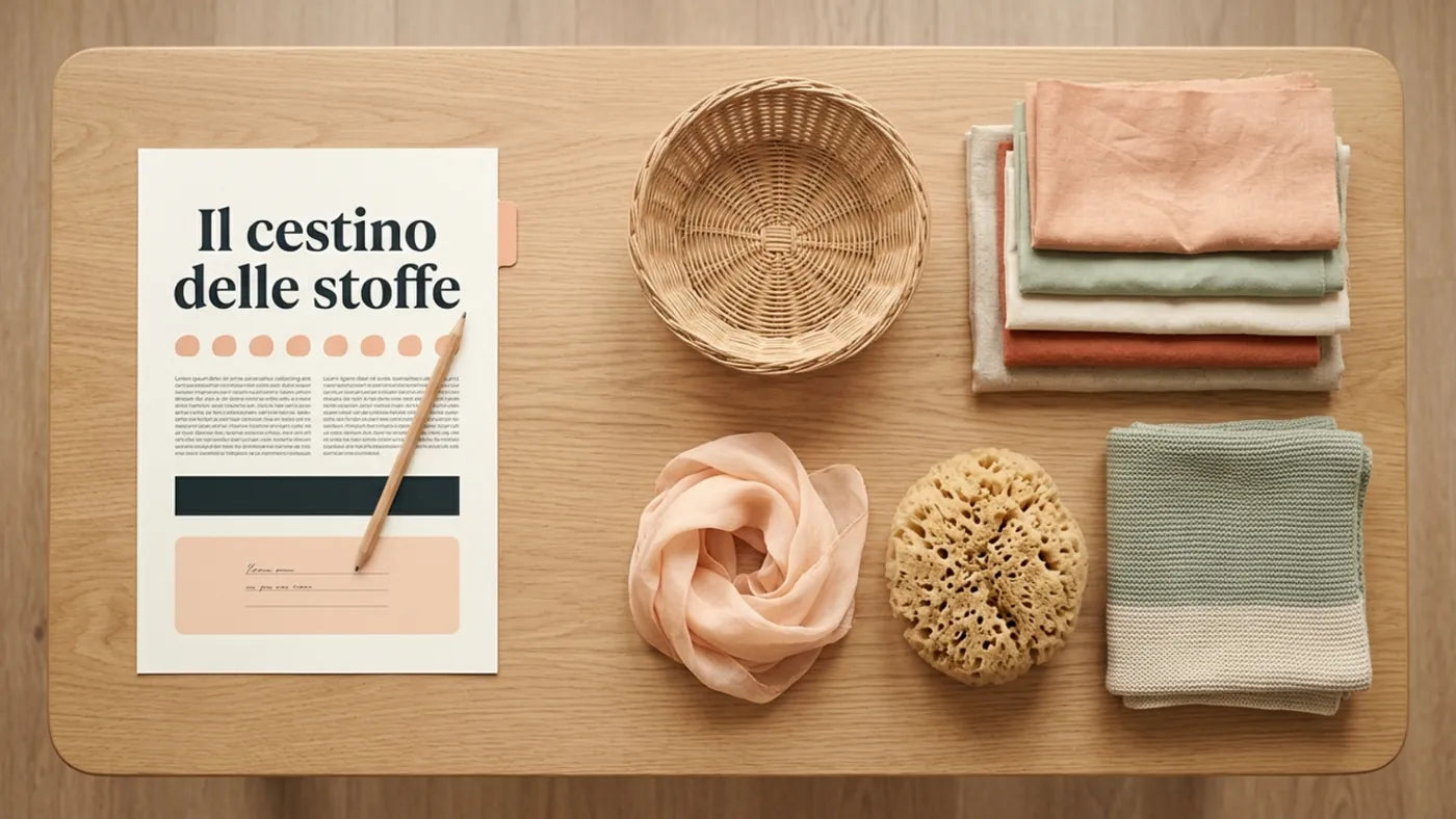 La scheda Il cestino delle stoffe accanto ai materiali già pronti: cestino, stoffe, foulard e spugna