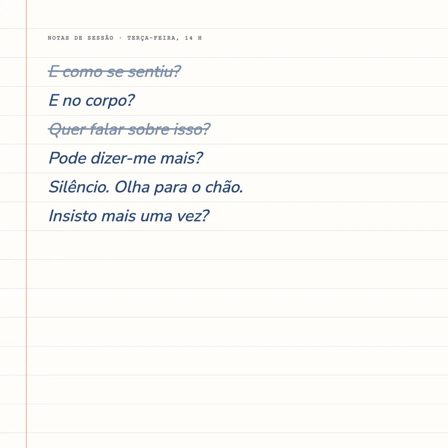 Notas de sessão: uma série de perguntas de reforço e depois «Silêncio. Olha para o chão.»