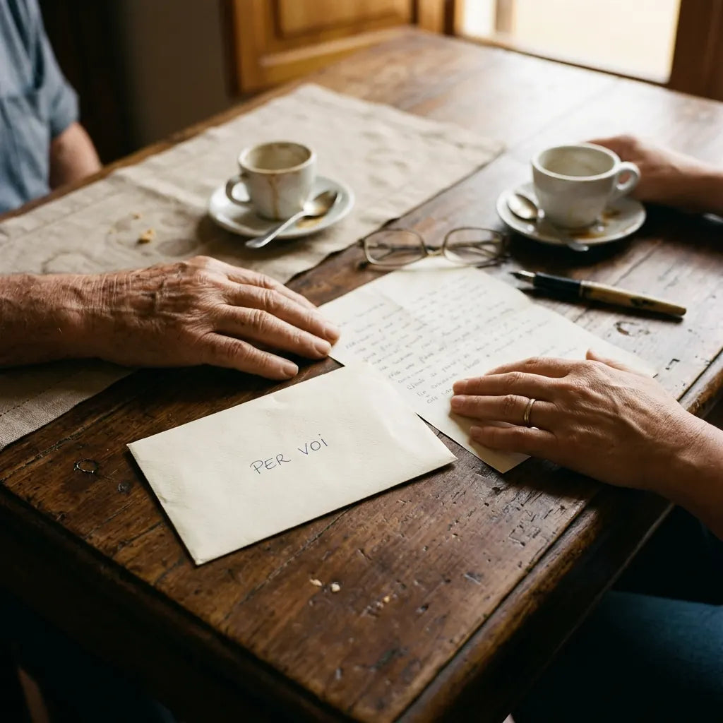 Due tazzine di caffè e una busta con scritto Per voi