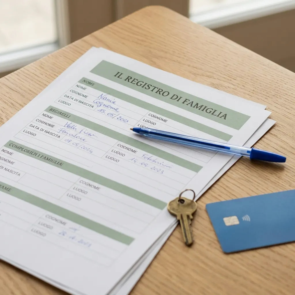 Schede del Registro di Famiglia compilate a penna, con una chiave e una carta
