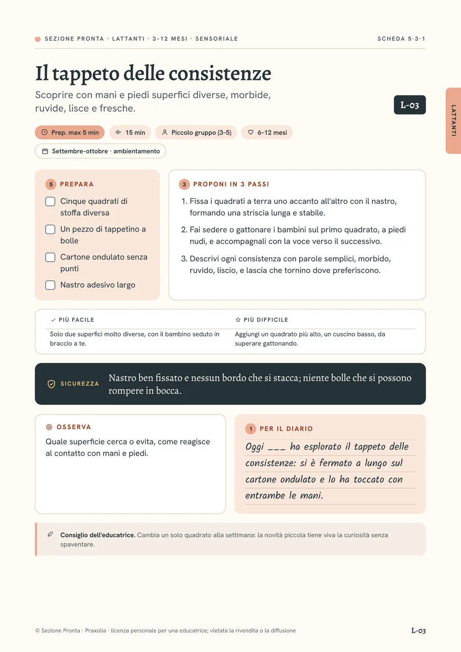 La scheda L-03 «Il tappeto delle consistenze» di Sezione Pronta, con età, preparazione, 3 passi, sicurezza e frase per il diario