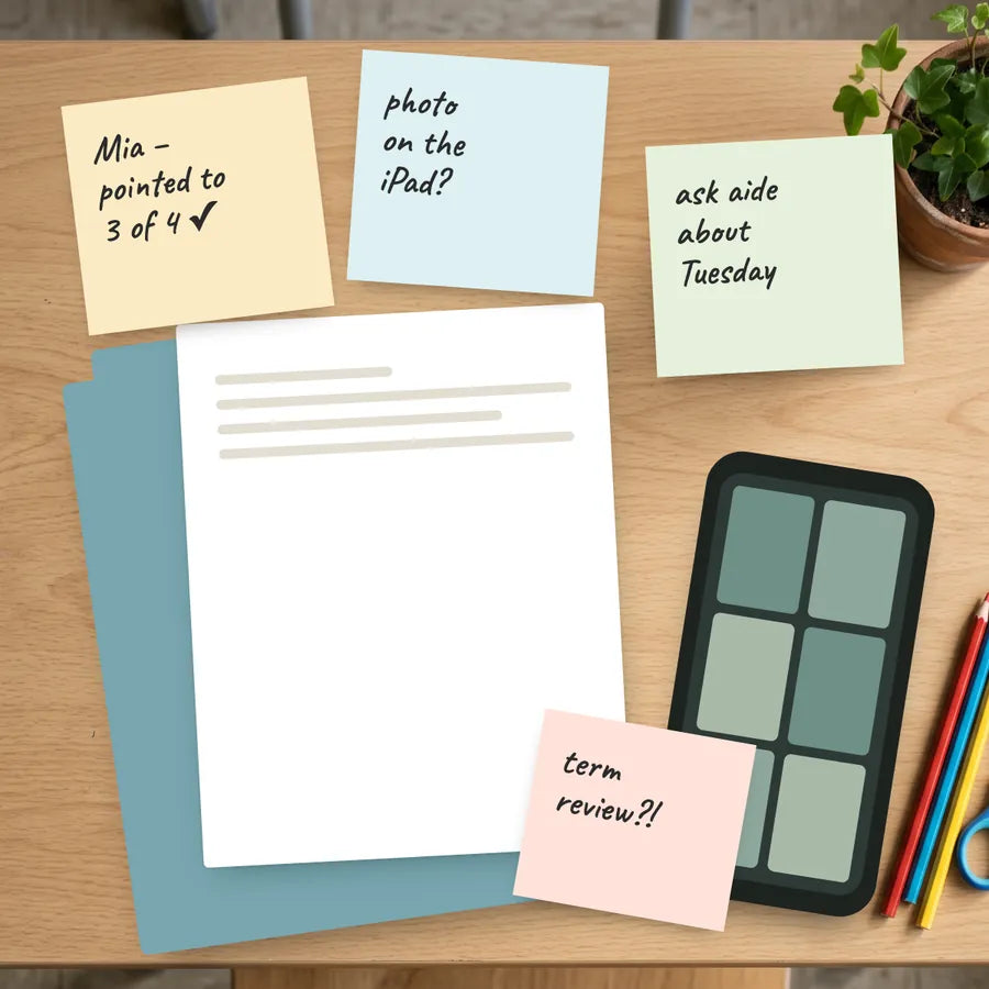 Sticky notes, a folder and a tablet holding scattered notes about a student