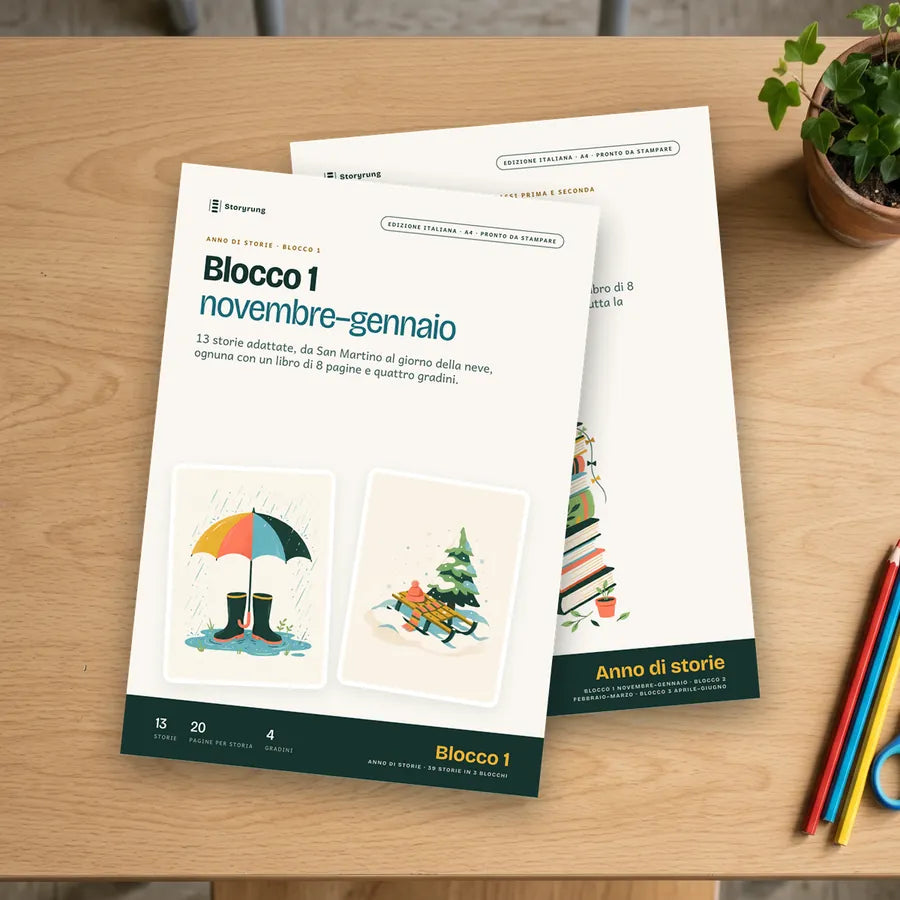 Le copertine dell'Anno di storie e del Blocco 1 su una scrivania