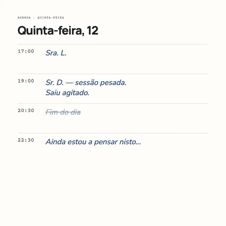 Agenda de quinta-feira: 19:00 sessão pesada, saiu agitado; 22:30 «Ainda estou a pensar nisto…»