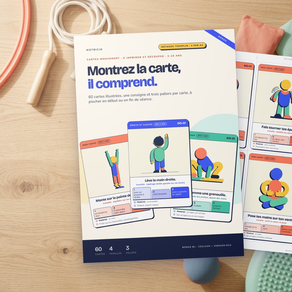 Couverture des Cartes-mouvement Motricio imprimée sur une table