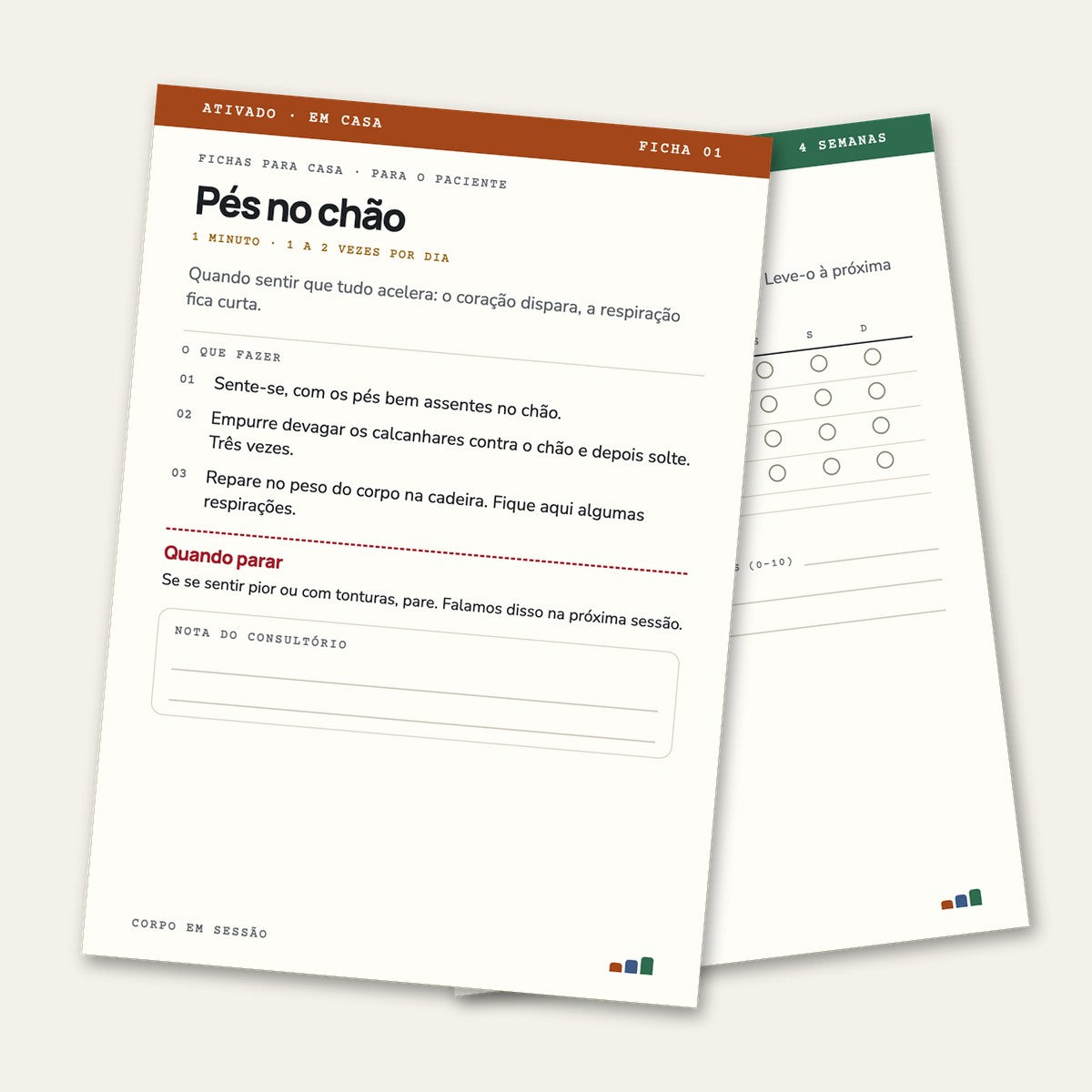 Fichas para casa: ficha para o paciente e caderno de 4 semanas