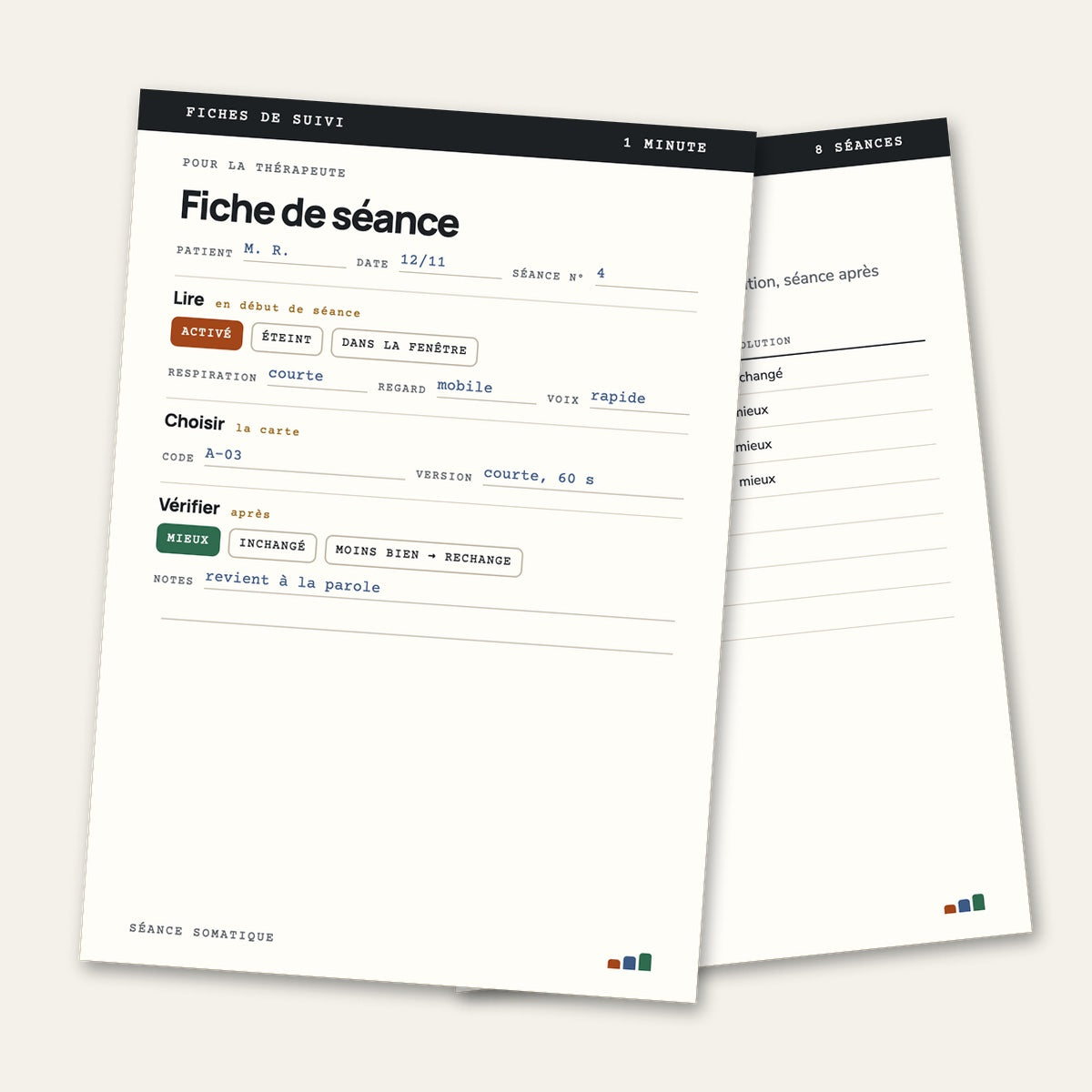 Fiches de suivi : fiche de séance et suivi de 8 séances