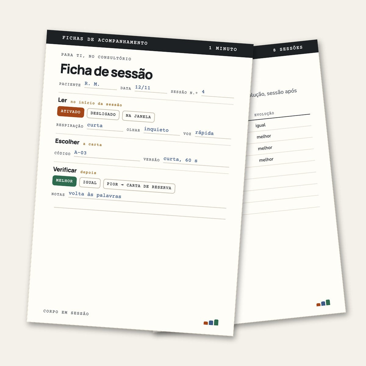 Fichas de acompanhamento: ficha de sessão e acompanhamento de 8 sessões