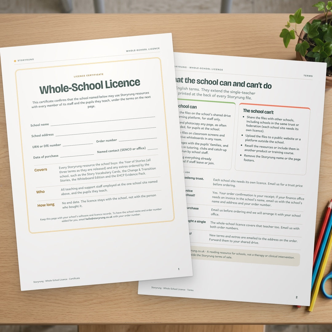 Whole-School Licence certificate on a desk