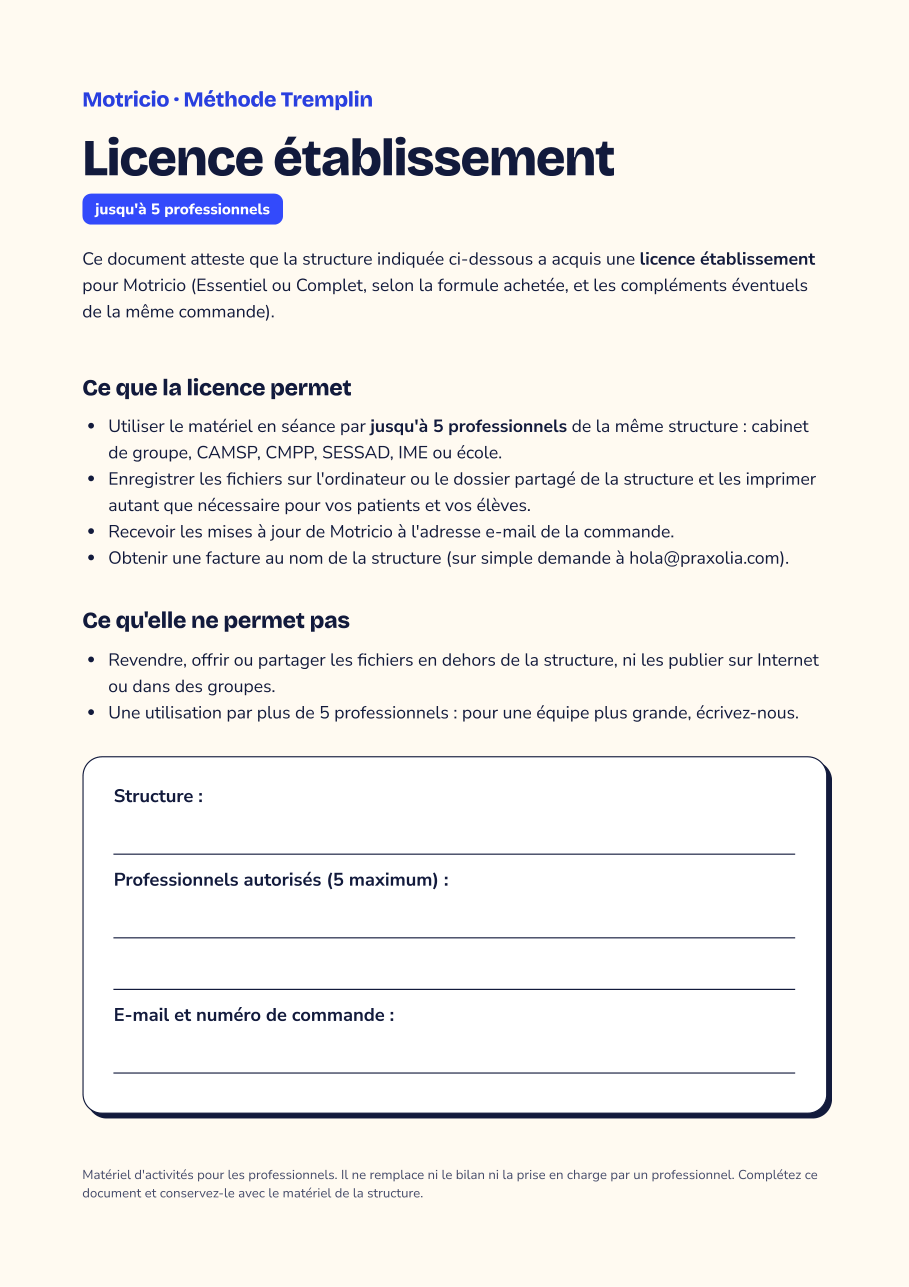 Motricio · Licence établissement (jusqu'à 5 professionnels)