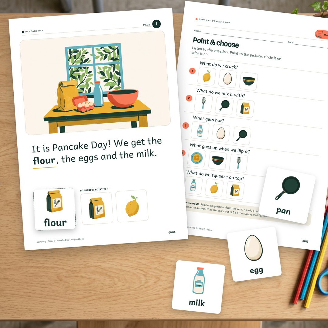 Pancake Day book page with picture pieces and the Point & choose sheet on a classroom table