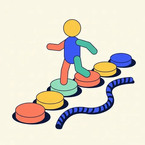 Illustration de la fiche EQ-04&nbsp;: un enfant passe d'un coussin à l'autre comme sur des pierres, une corde au sol figure la rive