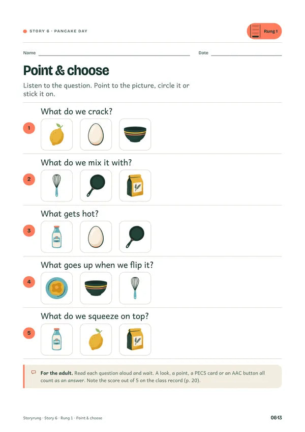 Rung 1 sheet: Point & choose, five picture questions