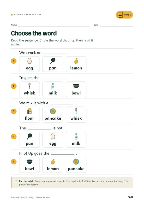 Rung 2 sheet: Choose the word, with picture choices