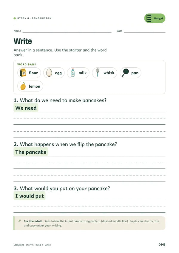 Rung 4 sheet: Write, with sentence starters and a word bank