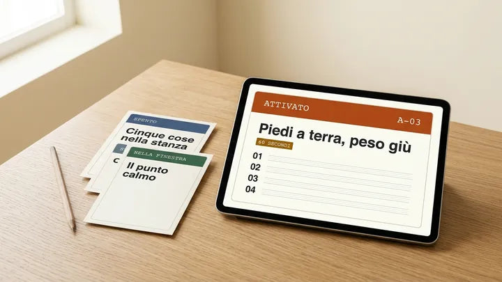 La carta A-03 «Piedi a terra, peso giù» aperta sul tablet, accanto alle carte stampate S-05 e F-02