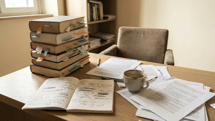 Una scrivania di studio piena di libri con segnalibri, appunti cancellati e fogli sparsi