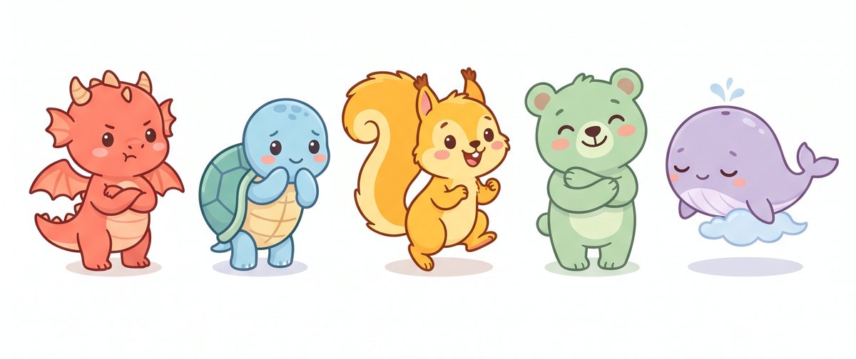 Los personajes del Kit Brújula: Brasa el dragón, Tula la tortuga, Nuez la ardilla, Bruno el oso y Luna la ballena