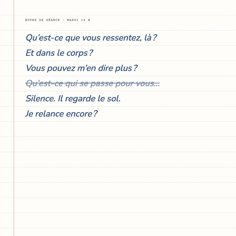 Notes de séance : une suite de questions de relance, puis « Silence. Il regarde le sol. »