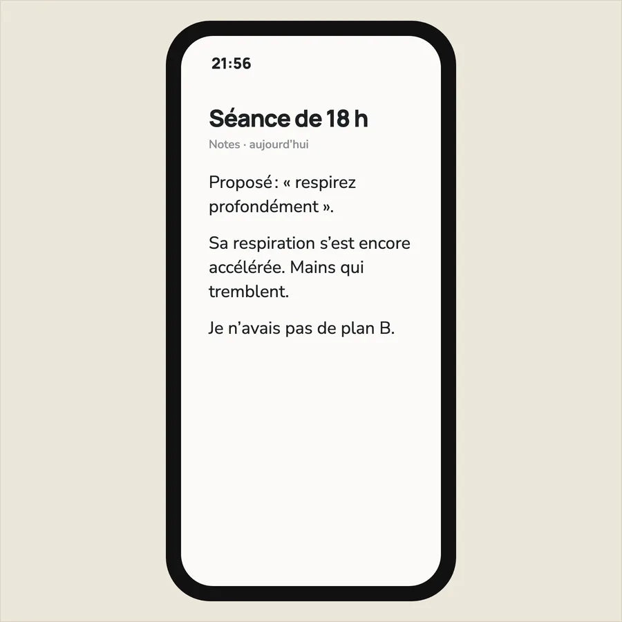 Téléphone à 21:56 avec une note : « respirez profondément » proposé, sa respiration s’est encore accélérée
