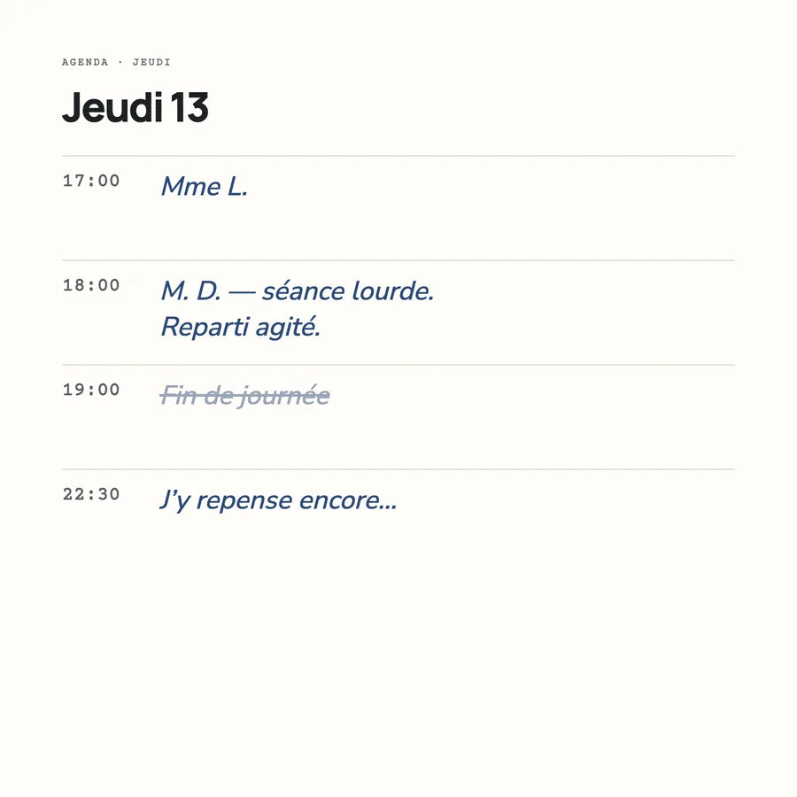 Agenda du jeudi : 18:00 séance lourde, reparti agité ; 22:30 « J’y repense encore… »