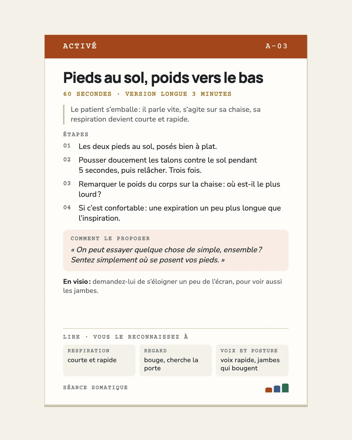 Carte A-03 Activé « Pieds au sol, poids vers le bas » : étapes et phrase pour la proposer