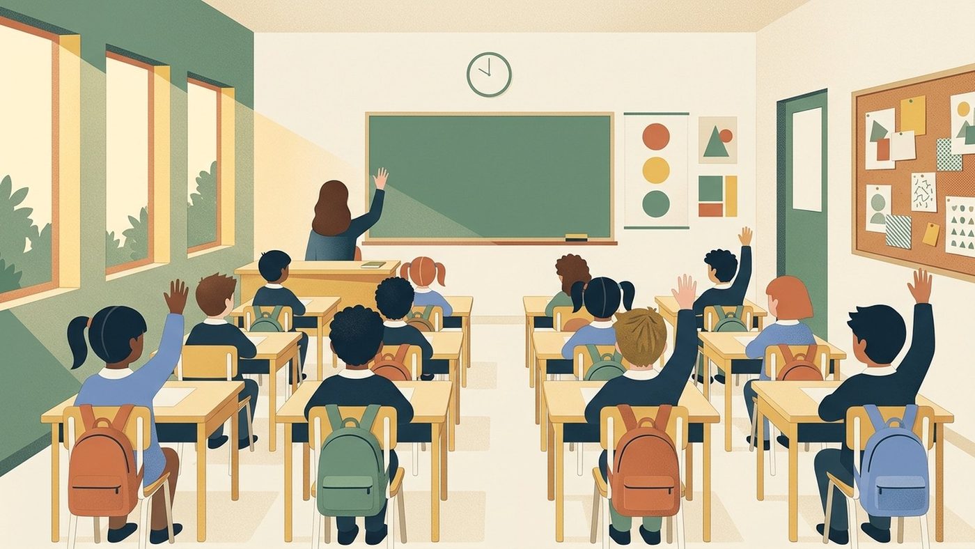 La stessa classe calma: bambini seduti, attenti, la maestra alza la mano