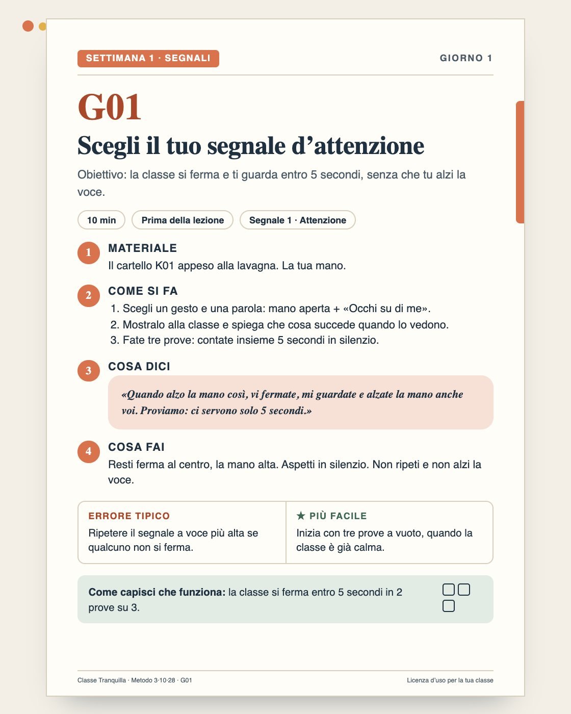 Anteprima illustrativa della scheda G01 «Scegli il tuo segnale d’attenzione»