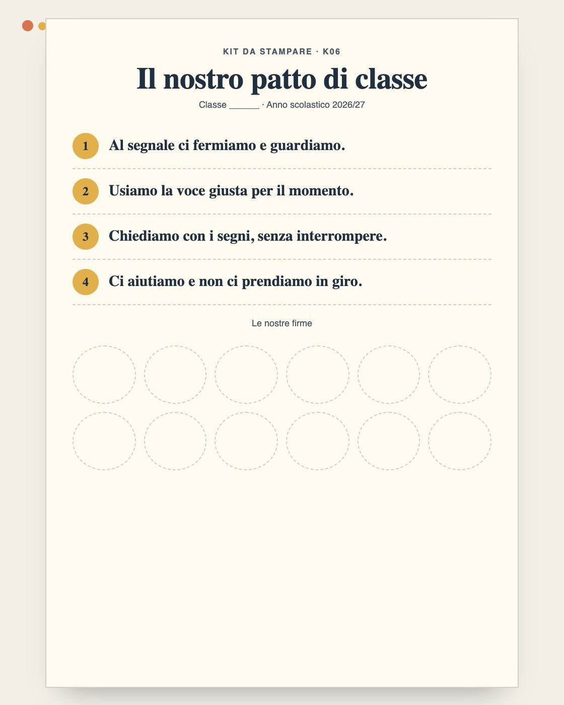 Il patto di classe con 4 regole e spazio per le firme