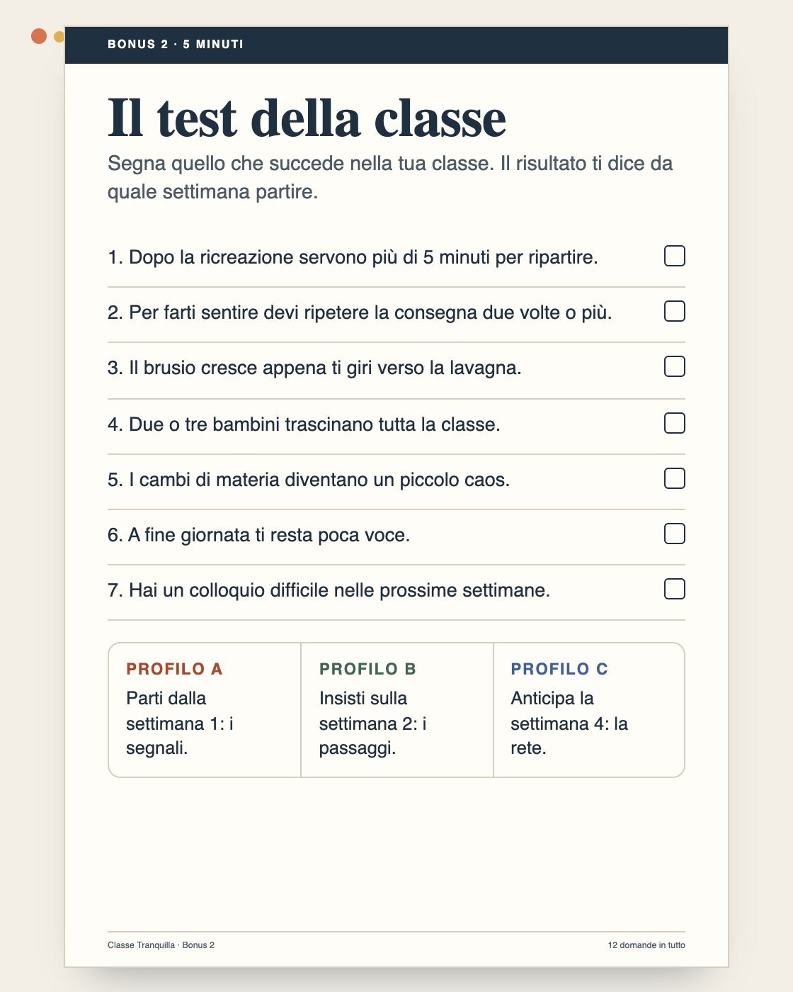 Il test della classe con 3 profili