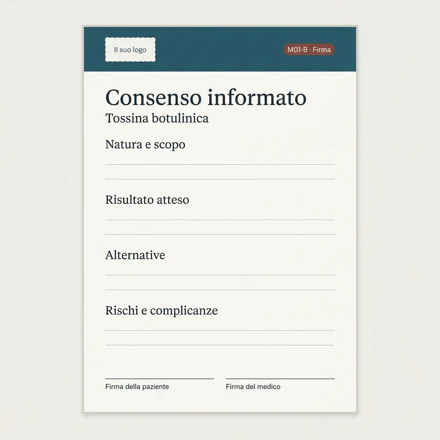 Consenso informato specifico M01-B per la tossina botulinica, con natura e scopo, risultato atteso, alternative e rischi (anteprima illustrativa)
