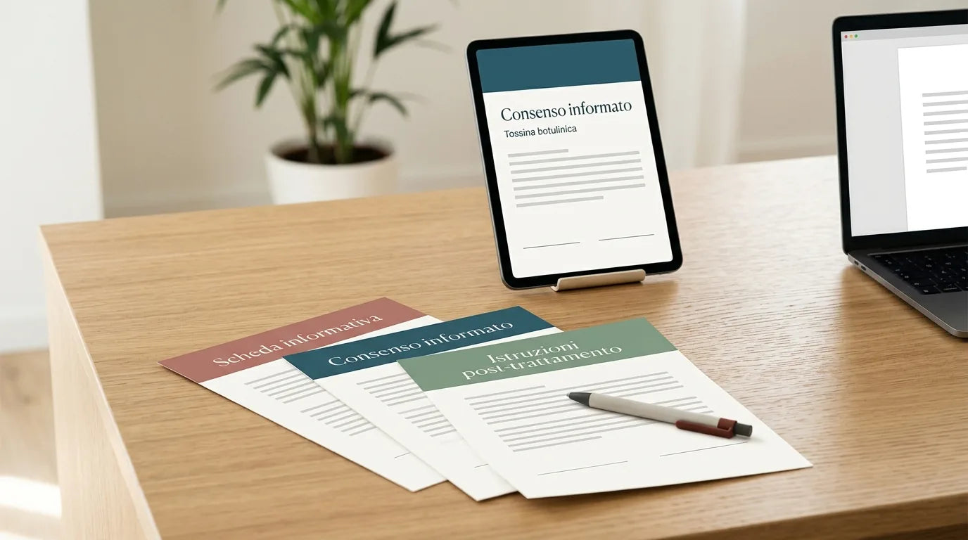 Tablet con il consenso informato per la tossina botulinica e i tre fogli Scheda informativa, Consenso informato e Istruzioni post-trattamento sulla scrivania (anteprima illustrativa)