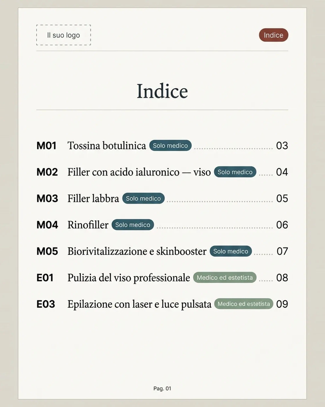 Indice per codice: M medico, E estetista (anteprima illustrativa)