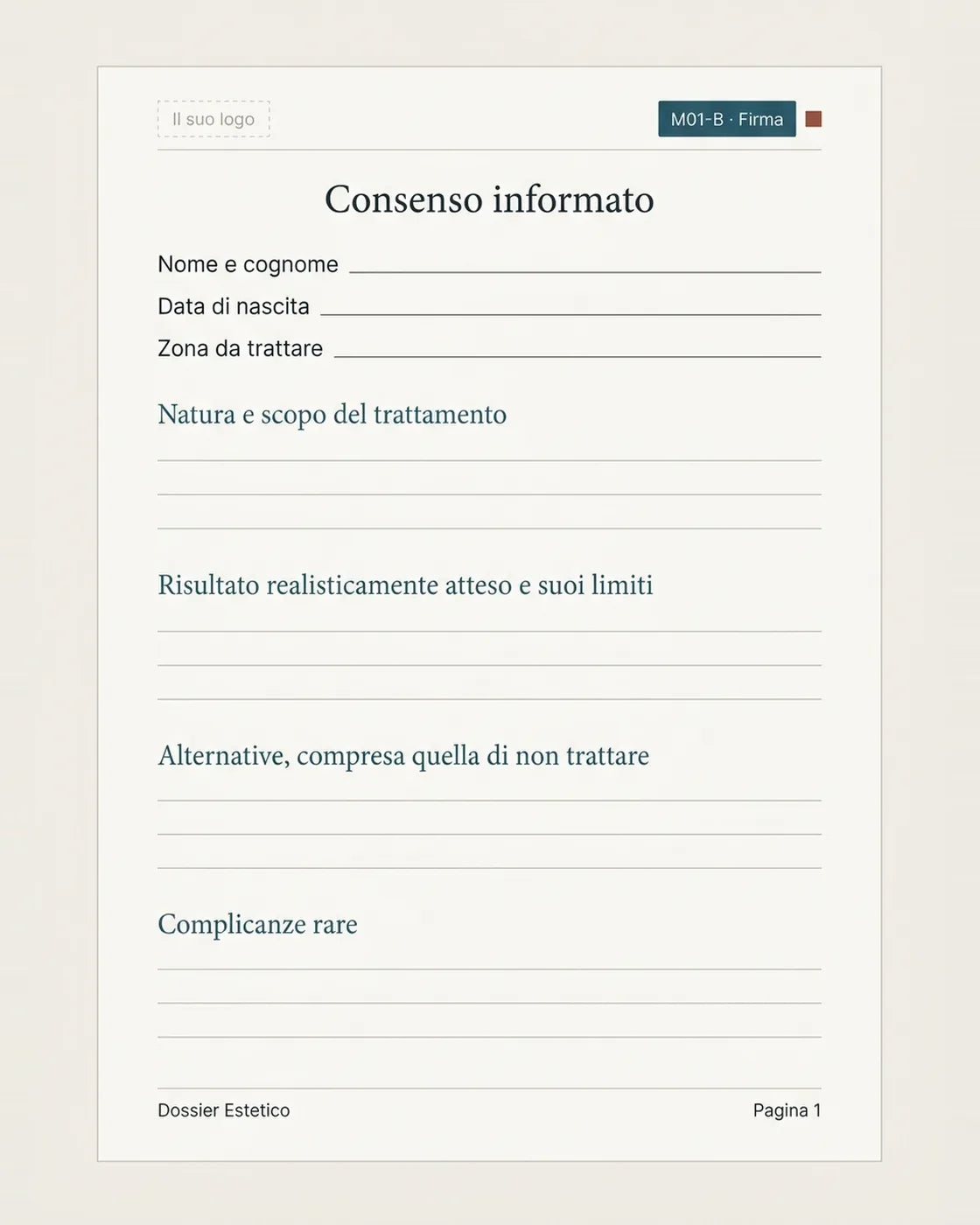 Consenso informato M01-B con le sezioni numerate (anteprima illustrativa)