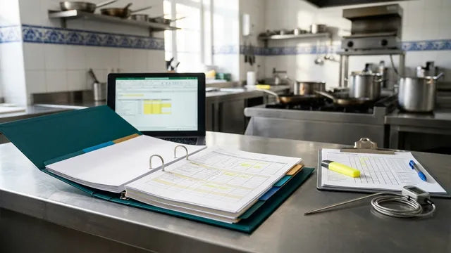 Dossier HACCP aberto numa bancada de inox, com campos a amarelo, portátil com um registo em Excel e termómetro de sonda (imagem ilustrativa)