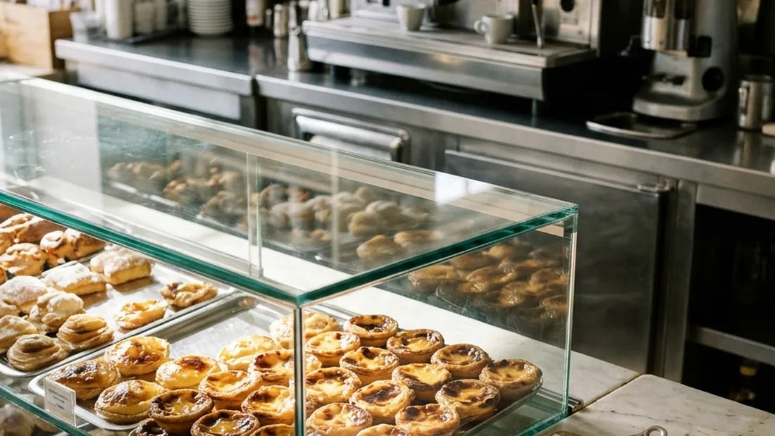 Balcão de uma pastelaria portuguesa com um registo de temperaturas junto à vitrine (imagem ilustrativa)