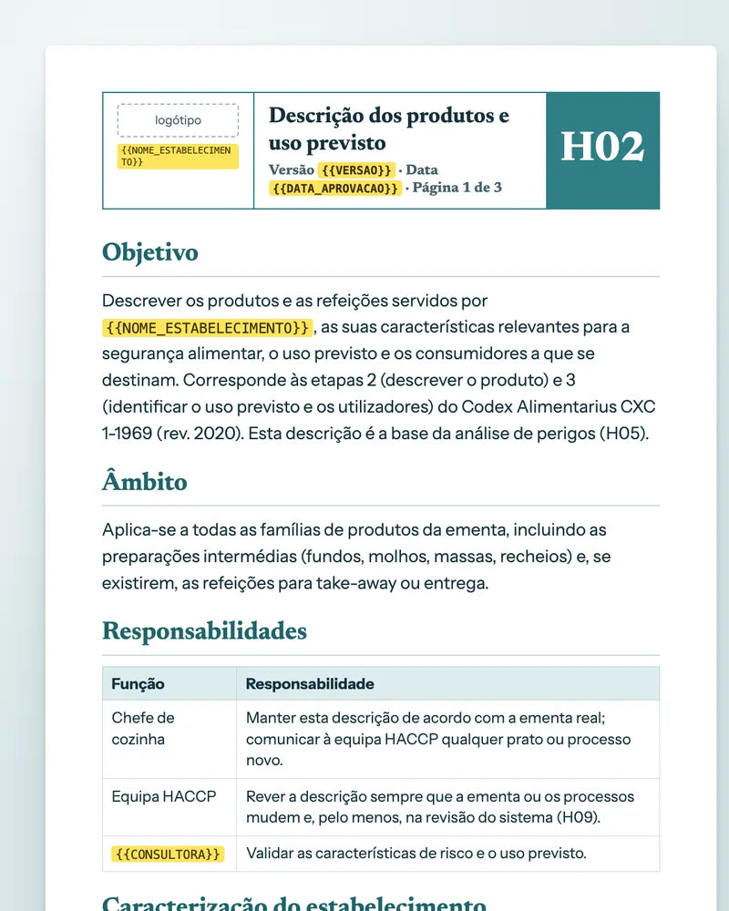 Página da descrição dos produtos e uso previsto
