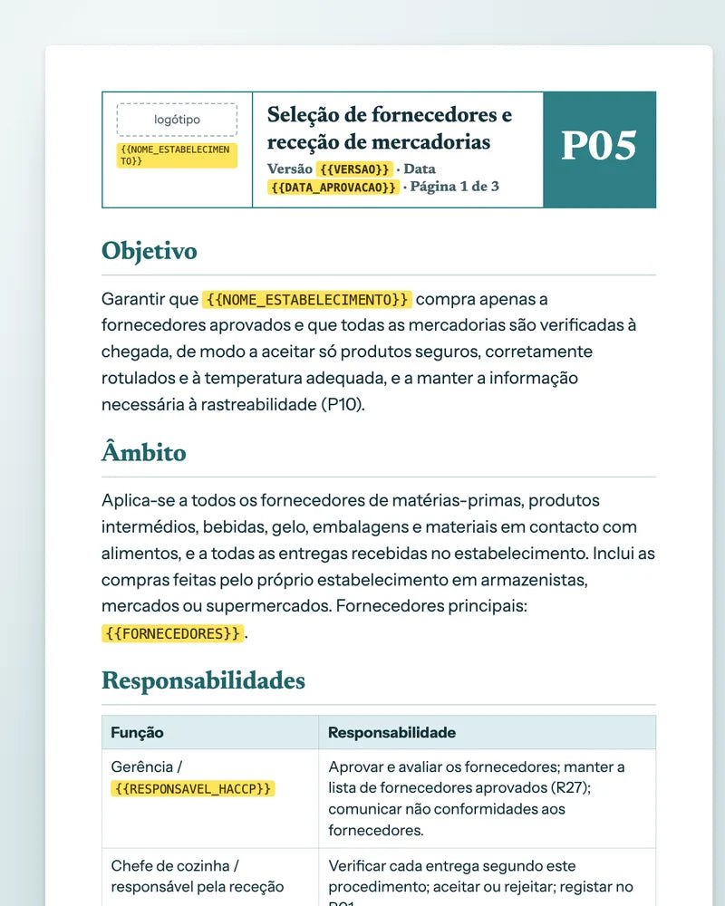 Página do pré-requisito de fornecedores e receção