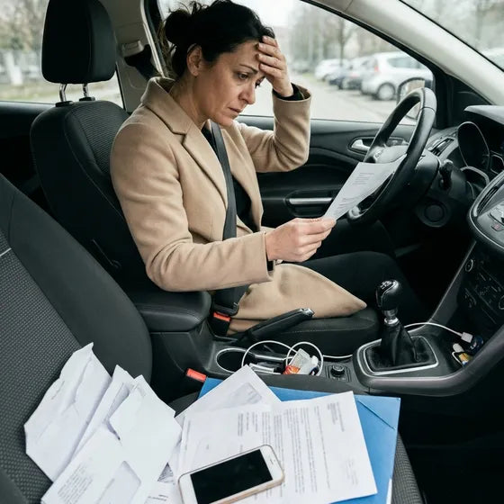 Una donna in auto legge una lettera della banca, con altre carte sul sedile