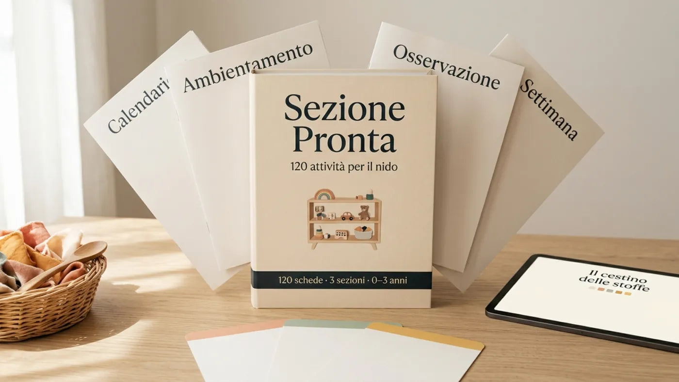 Il kit Sezione Pronta sul tavolo: il raccoglitore delle 120 schede, i quattro bonus e una scheda sul tablet