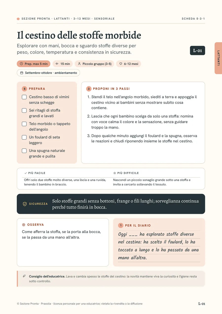 La scheda L-01 «Il cestino delle stoffe morbide» con le sei parti numerate