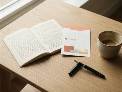 Diario aperto accanto a una scheda, con penna e caffè