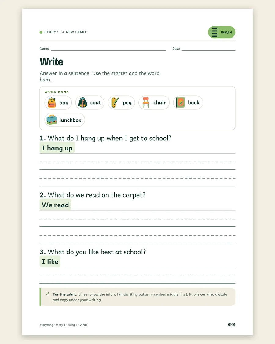 Rung 4 sheet of A New Start: write a sentence