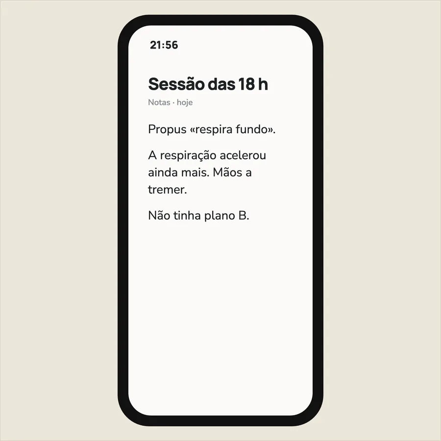 Telemóvel às 21:56 com uma nota: propus «respira fundo», a respiração acelerou ainda mais
