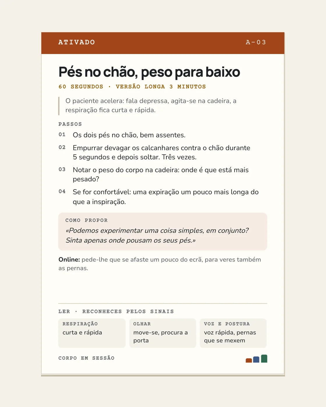 Carta A-03 Ativado «Pés no chão, peso para baixo»: passos e frase para a propor