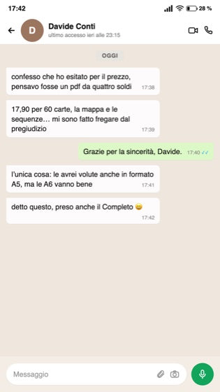 Chat WhatsApp: il prezzo, 17,90 € per 60 carte