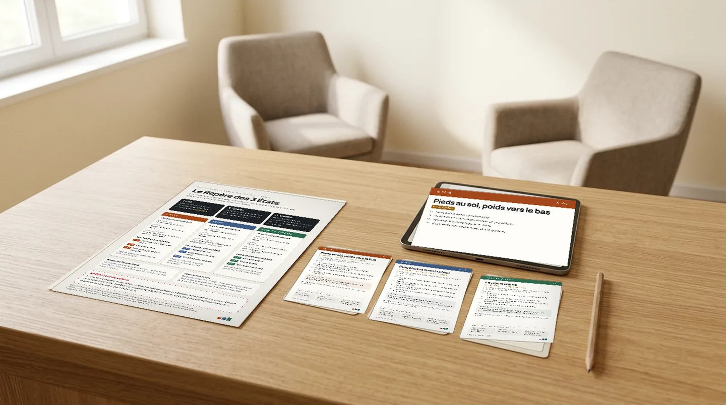 Bureau de cabinet en ordre : le Repère des 3 États, trois cartes prêtes et la tablette